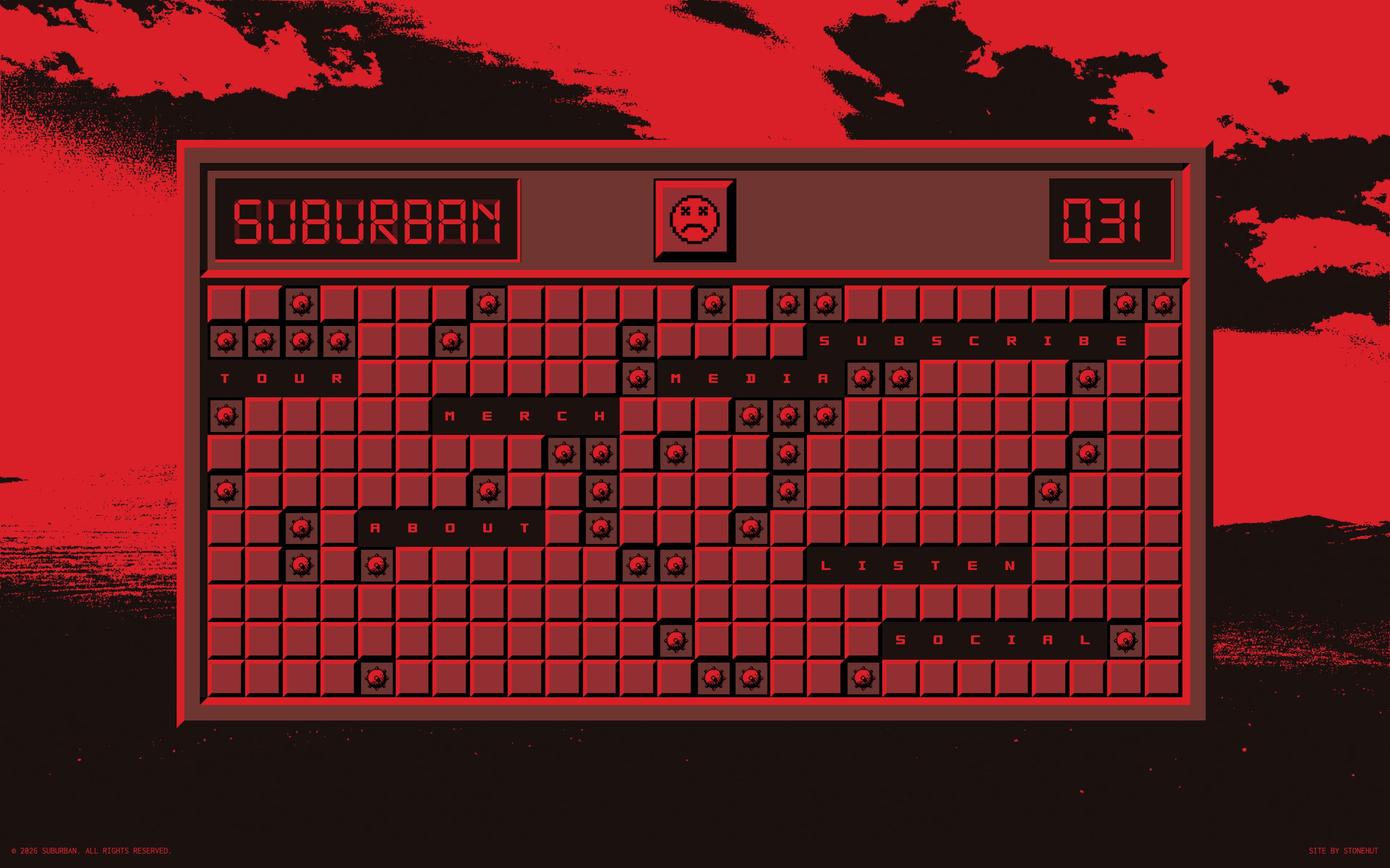 The Sub Urban homepage: a red Minesweeper board over a torn red and black sky, the menu words set into its rows of tiles.