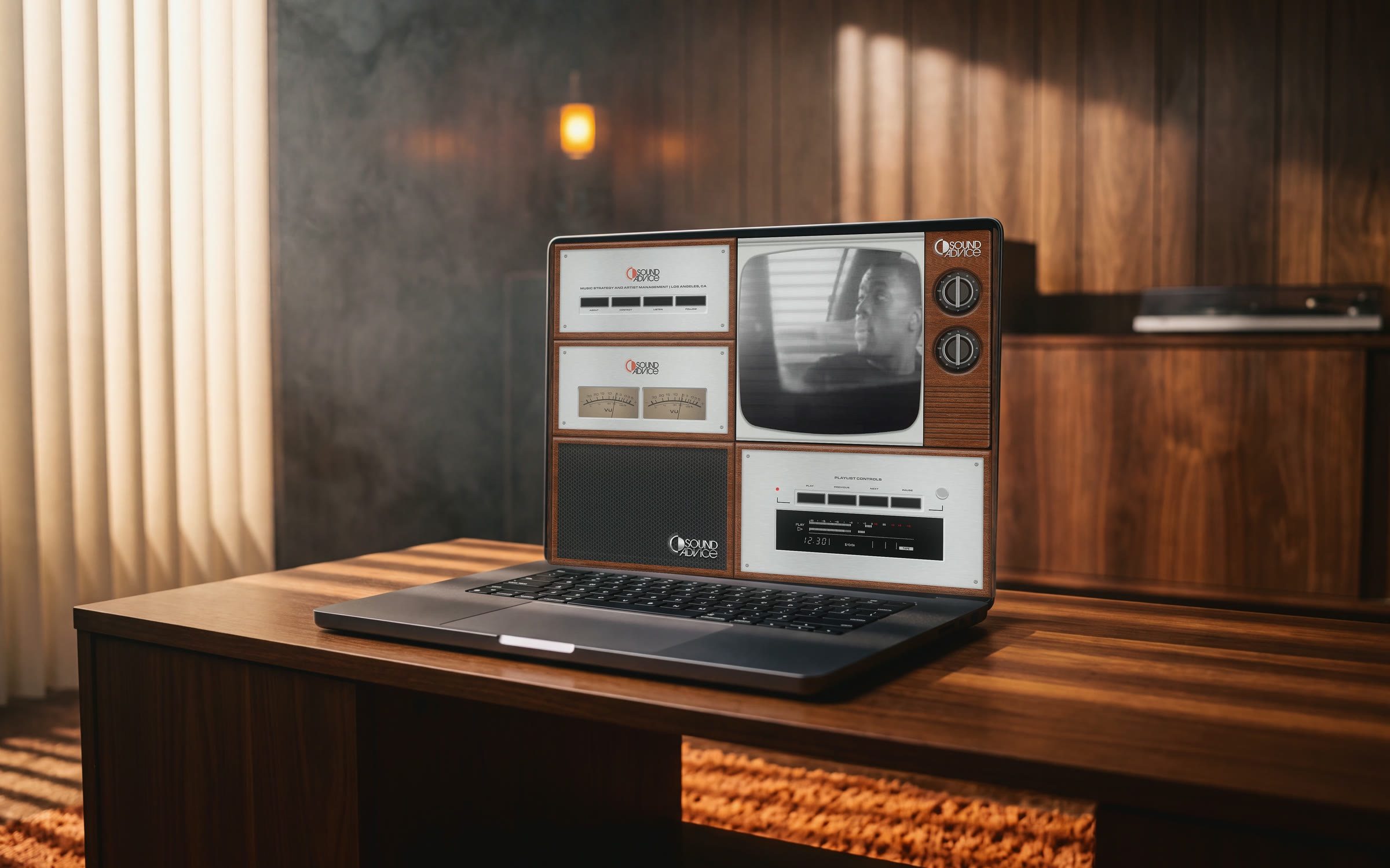 The Sound Advice console running on a laptop on a walnut credenza, vertical blinds throwing bars of light at left and a turntable on the sideboard behind.