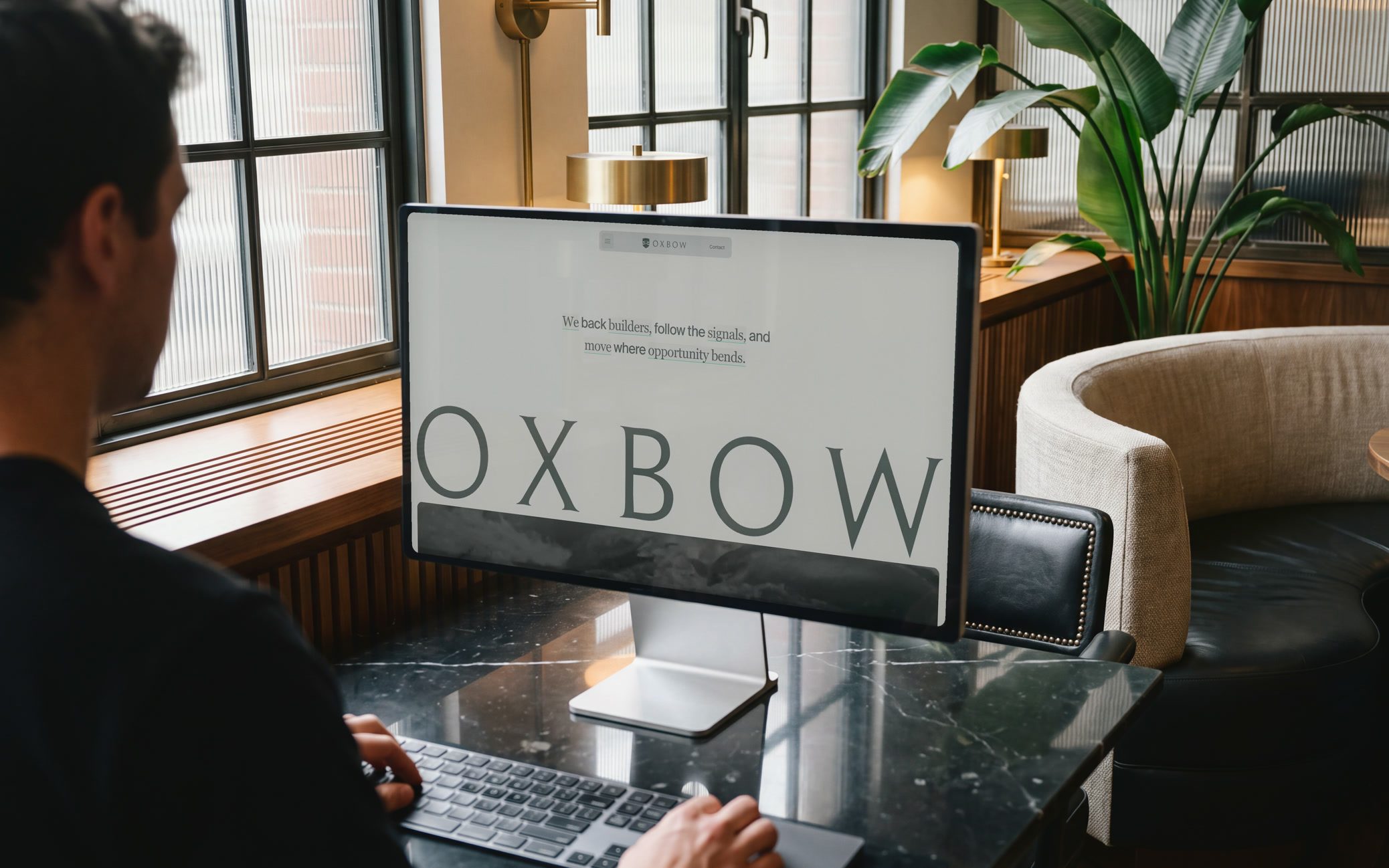 The Oxbow Industries site on a monitor in a room at the Lodge.