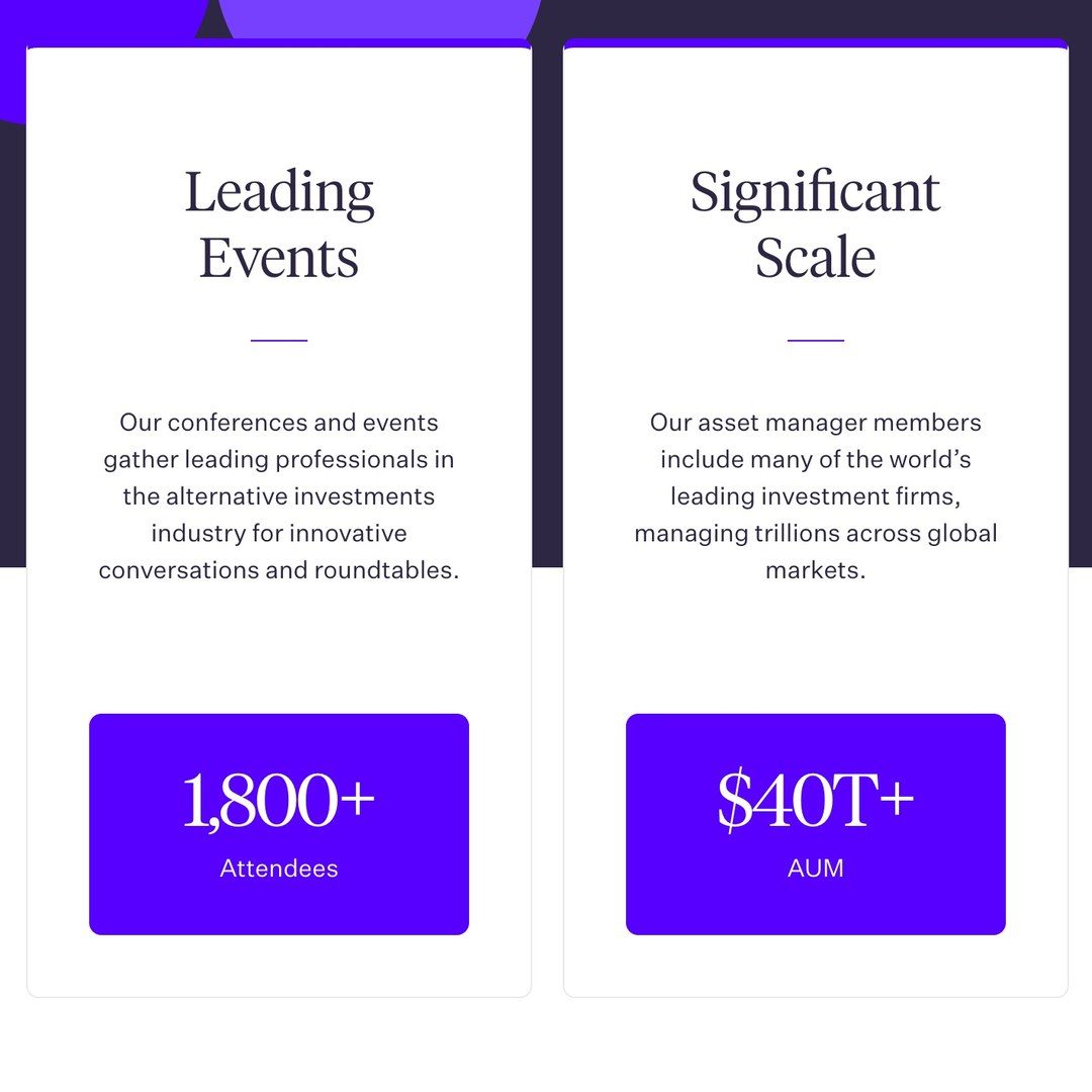 Two panels from the IPA Events page, Leading Events and Significant Scale, each ending in a violet tile: 1,800+ attendees and $40T+ in assets.