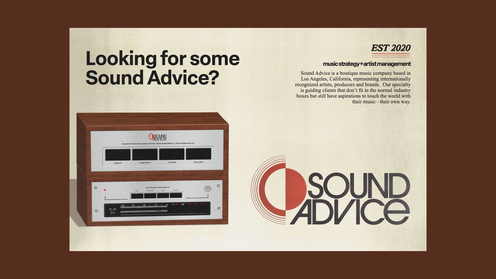The Sound Advice About page in a window on walnut: a printed sheet headed Looking for some Sound Advice?, with the company’s own description, a drawing of the rack and the logo.