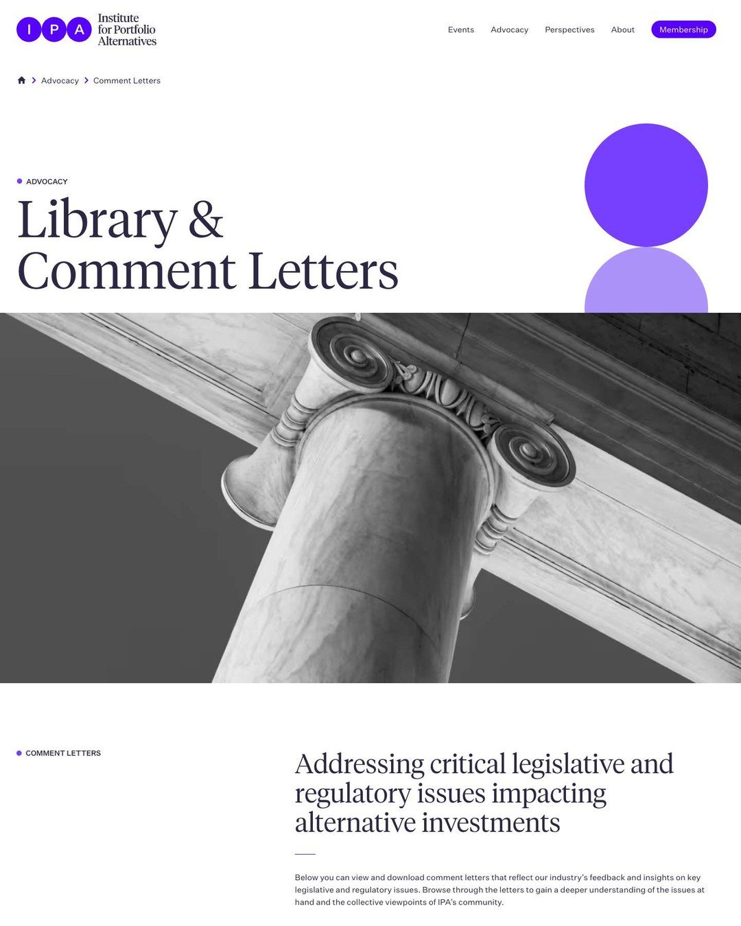 The top of the IPA Library and Comment Letters page: the title beside two violet discs, a marble column, and the first lines on comment letters.