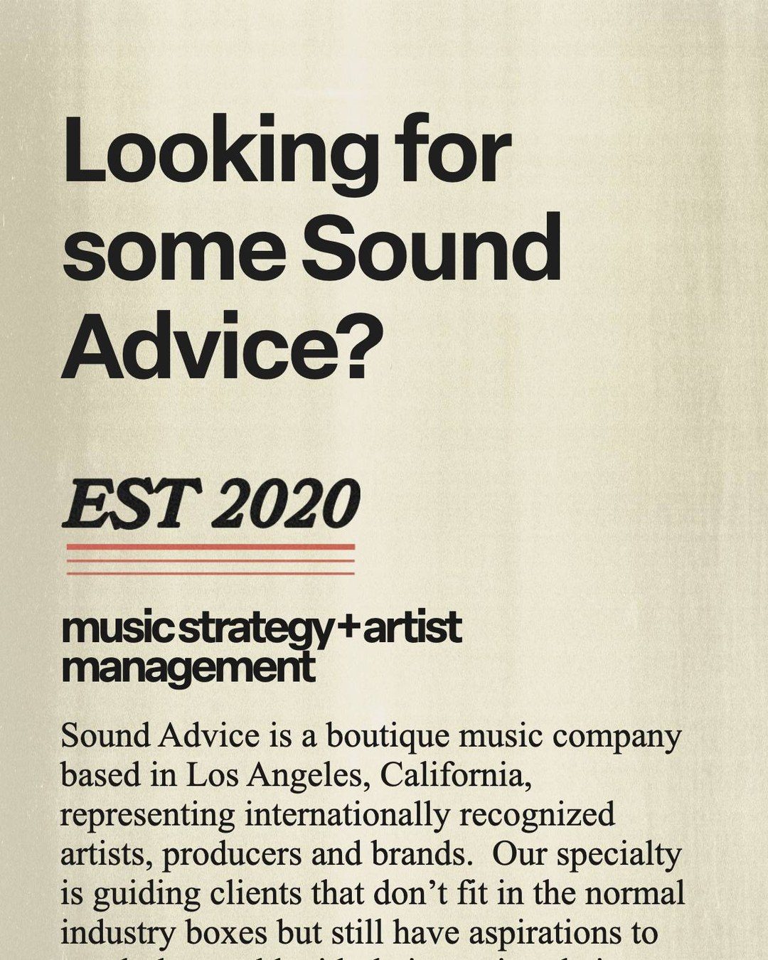 The top of the Sound Advice About sheet on a phone: the headline, EST 2020, and the company’s description in a serif face.