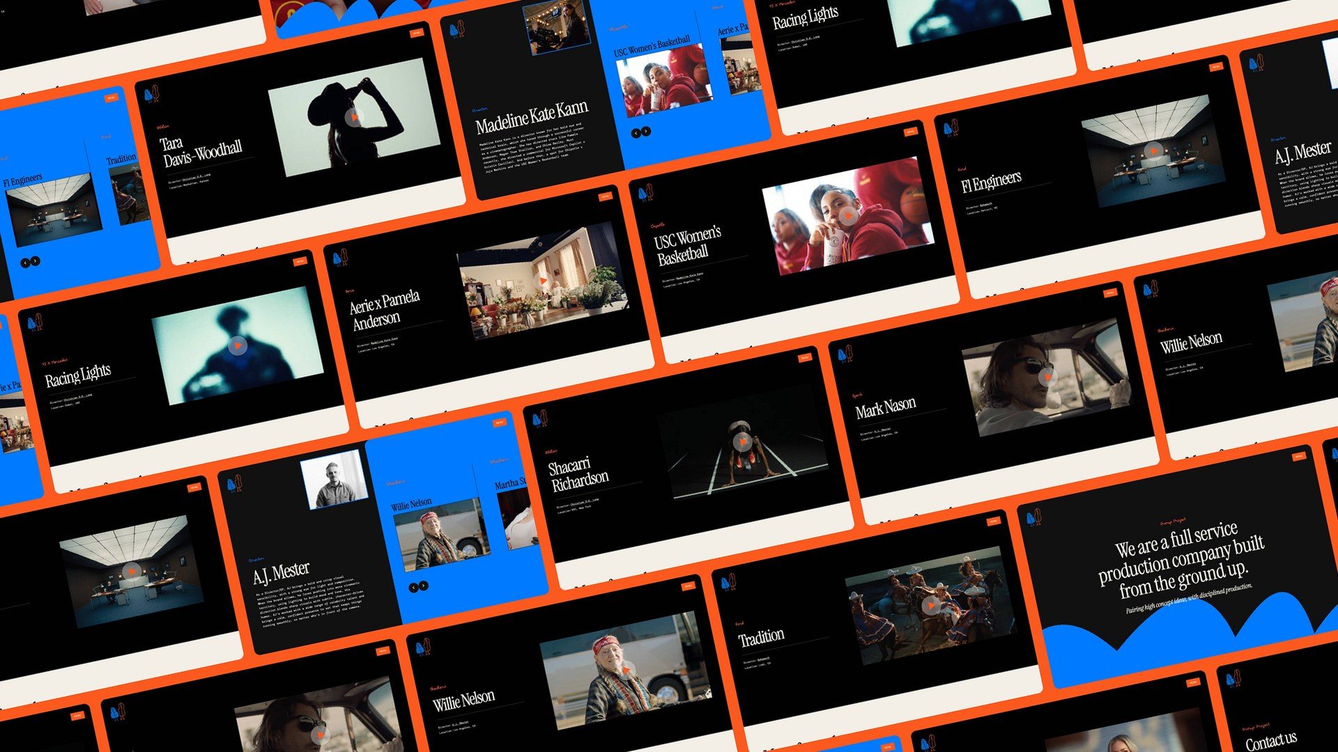 A tilted wall of the Group Project site’s pages on orange: film pages on black, directors’ pages in black and blue, the About page with its wave.