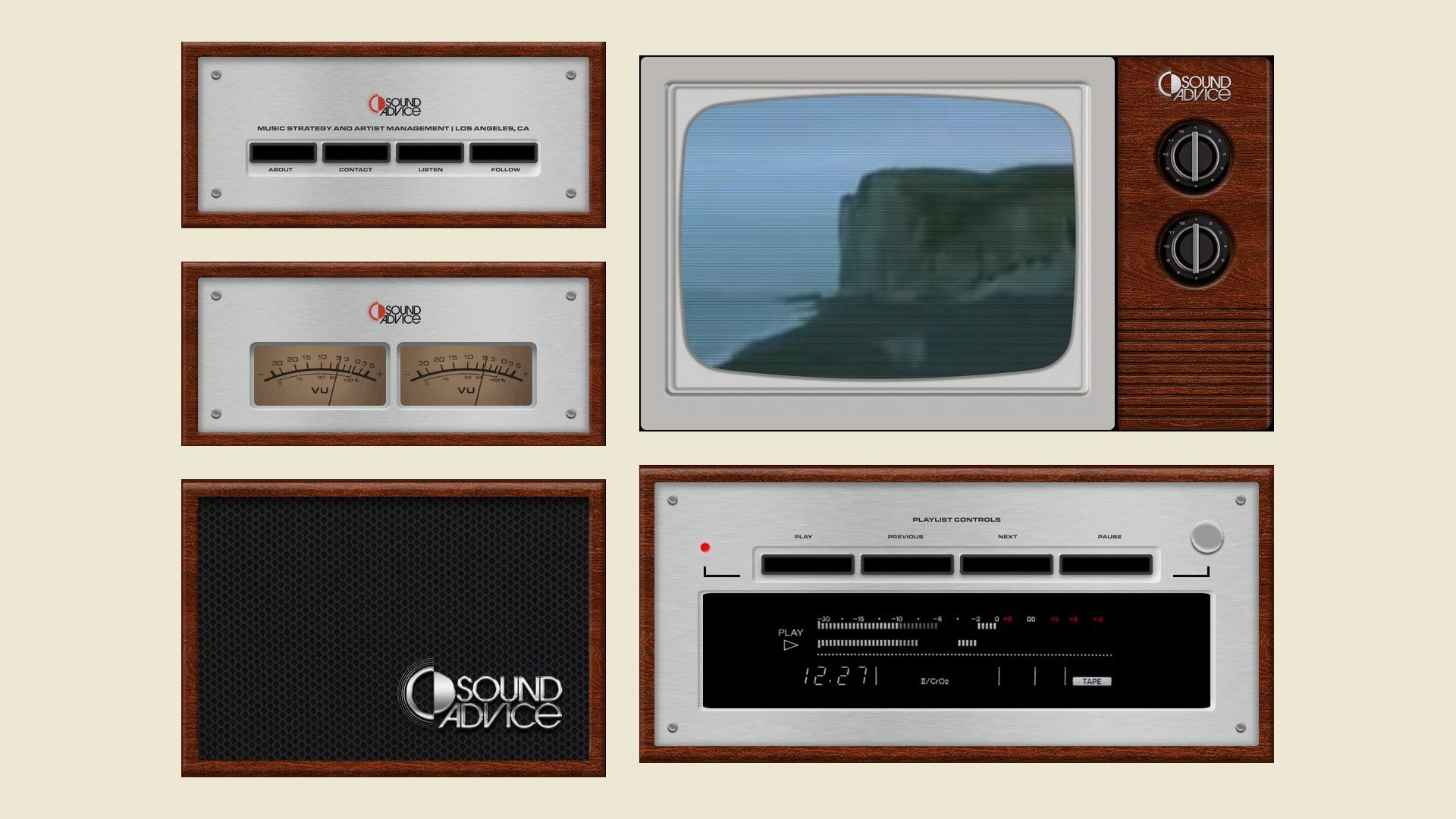 The Sound Advice rack taken apart on cream: the keyed top unit, the VU unit, the speaker with the logo, the TV and the deck, each in its walnut case.