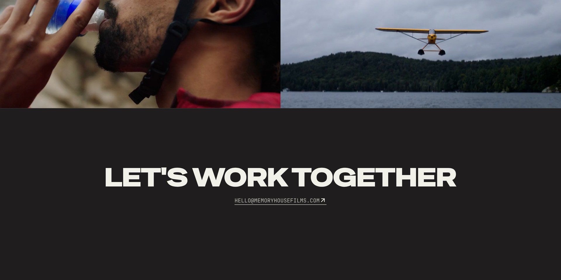 The foot of the Memory House work page: the lower halves of two films, and under them LET’S WORK TOGETHER in heavy capitals over the studio’s address.