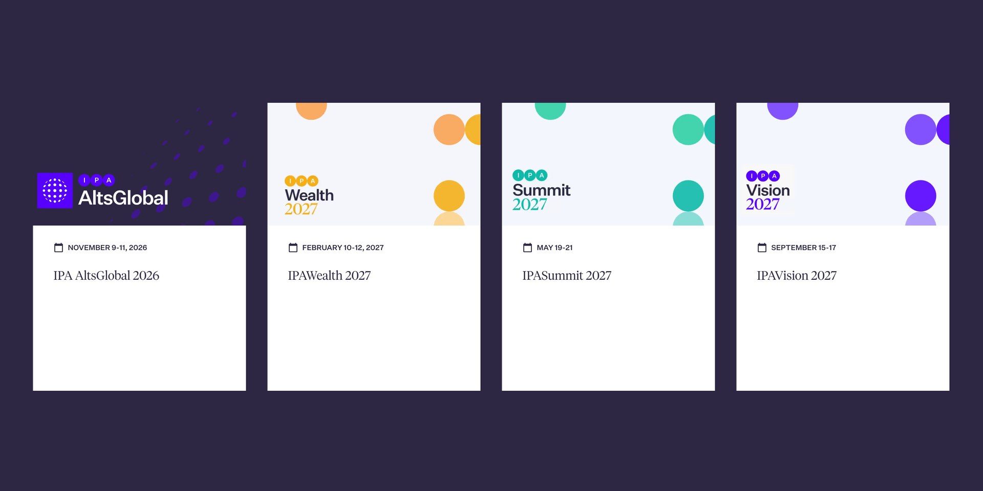 Four IPA conference cards side by side on the site’s night colour: AltsGlobal, Wealth in amber, Summit in teal and Vision in violet.