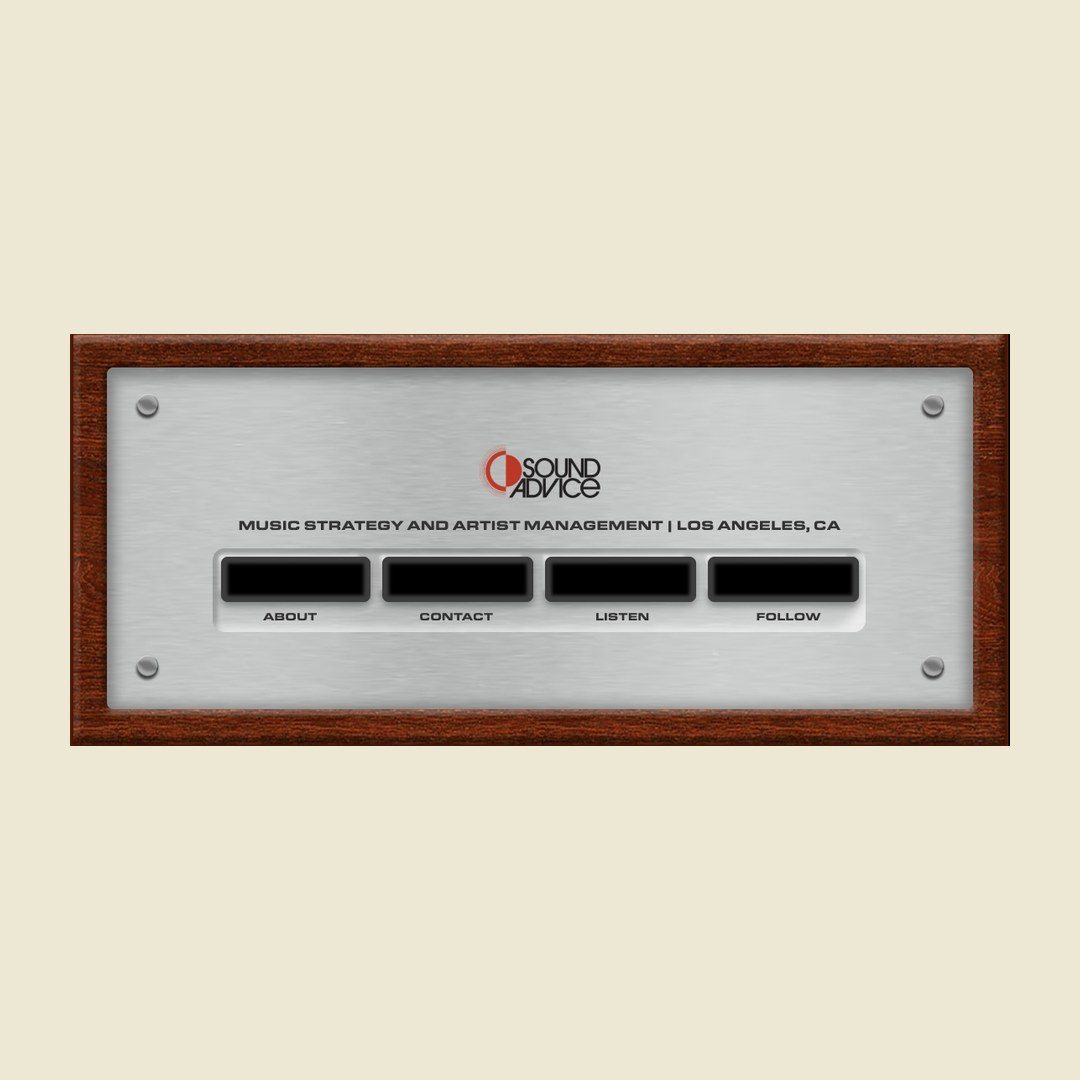 The top unit of the Sound Advice rack lifted onto cream: the company name on brushed metal over four keys, About, Contact, Listen and Follow.