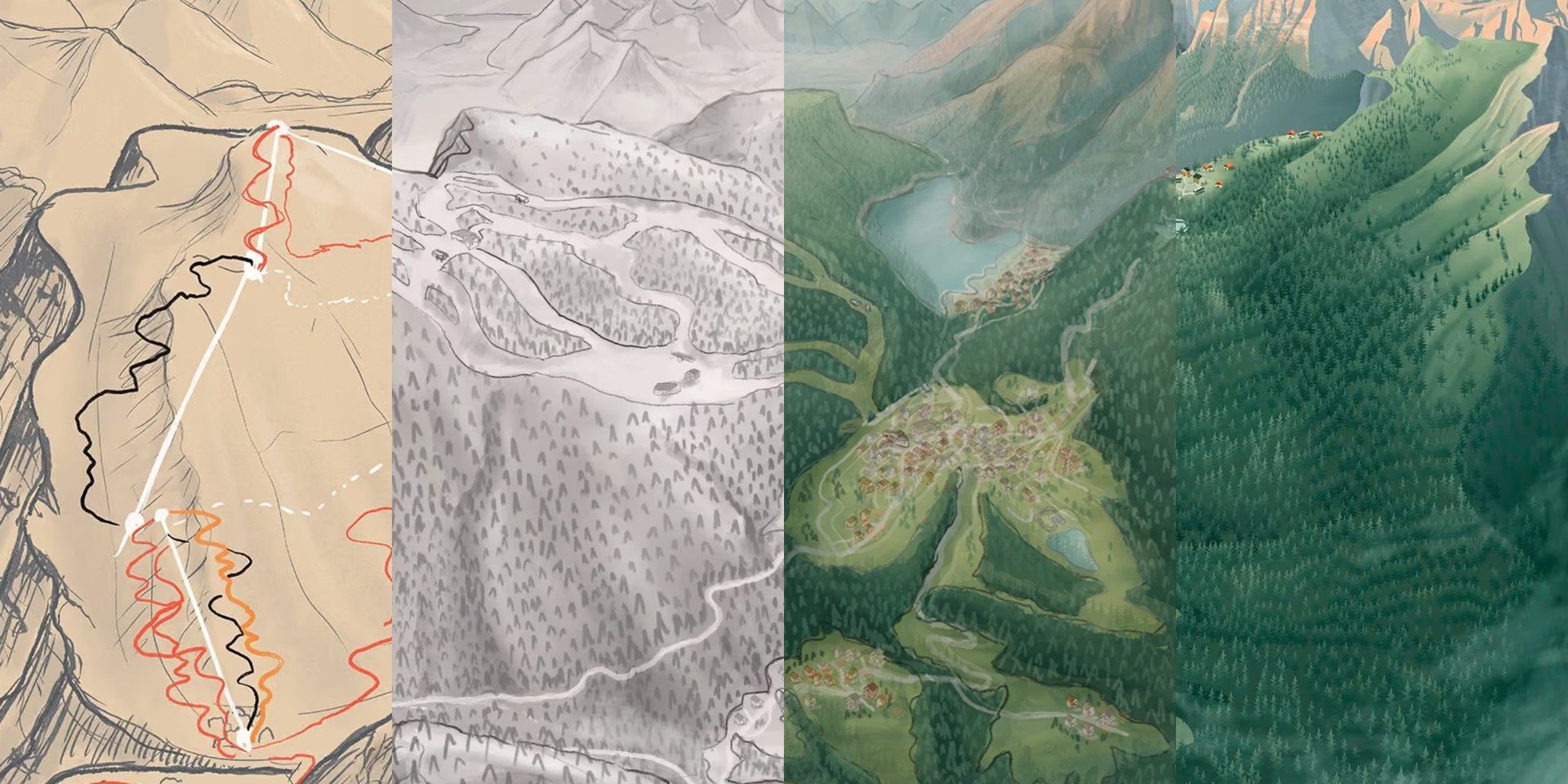 One Emberhouse map in four bands, left to right: the rough sketch with its red and black route lines, the pencil drawing, the first color pass and the finished map.