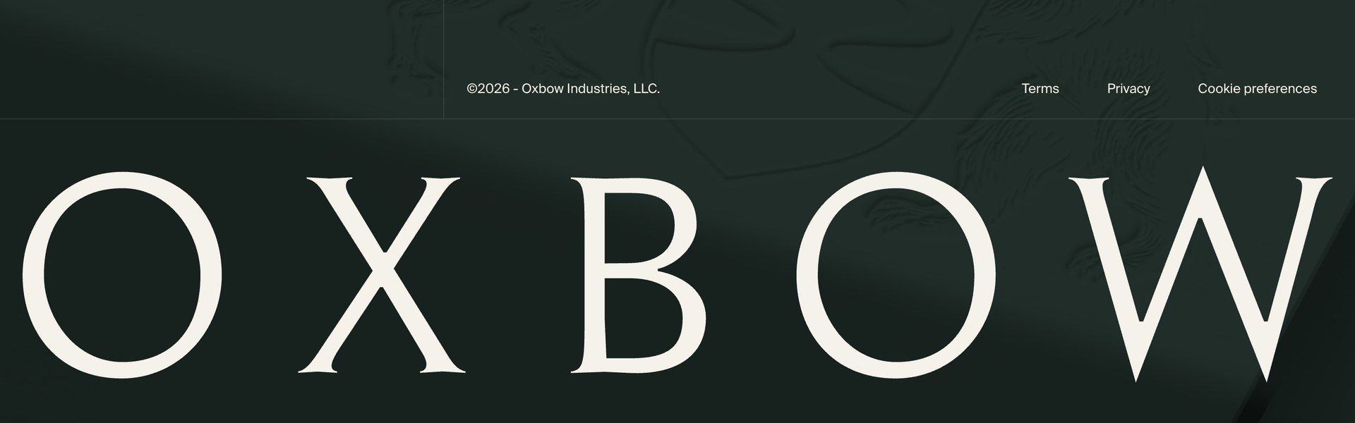 The foot of the Oxbow site: the wordmark OXBOW in cream serif capitals across deep green, under the copyright line.